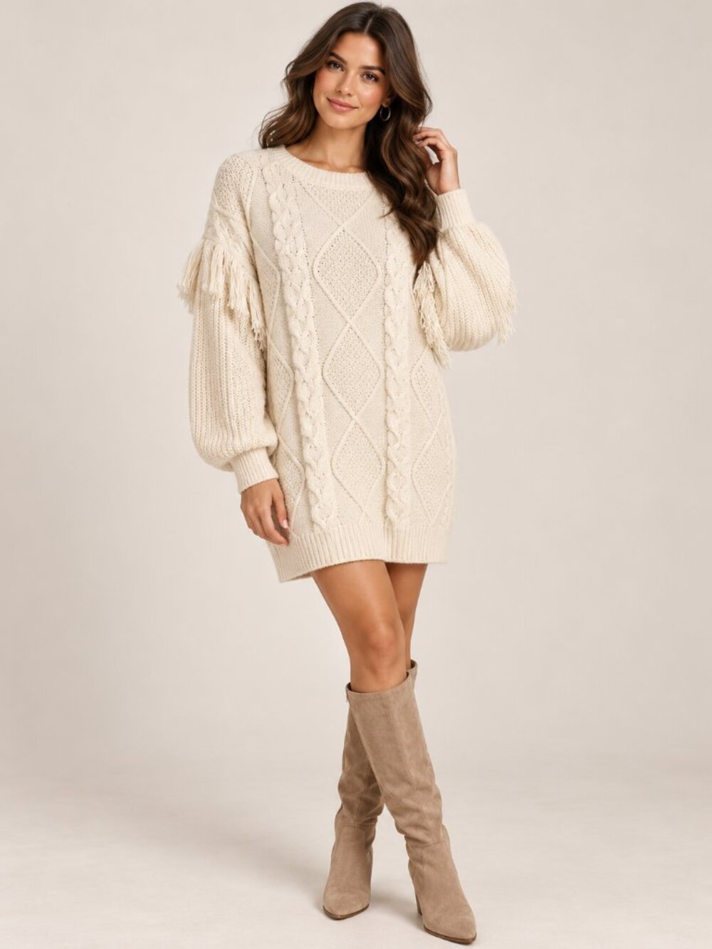 Francesca's Cable Knit Fringe Sweater Dress